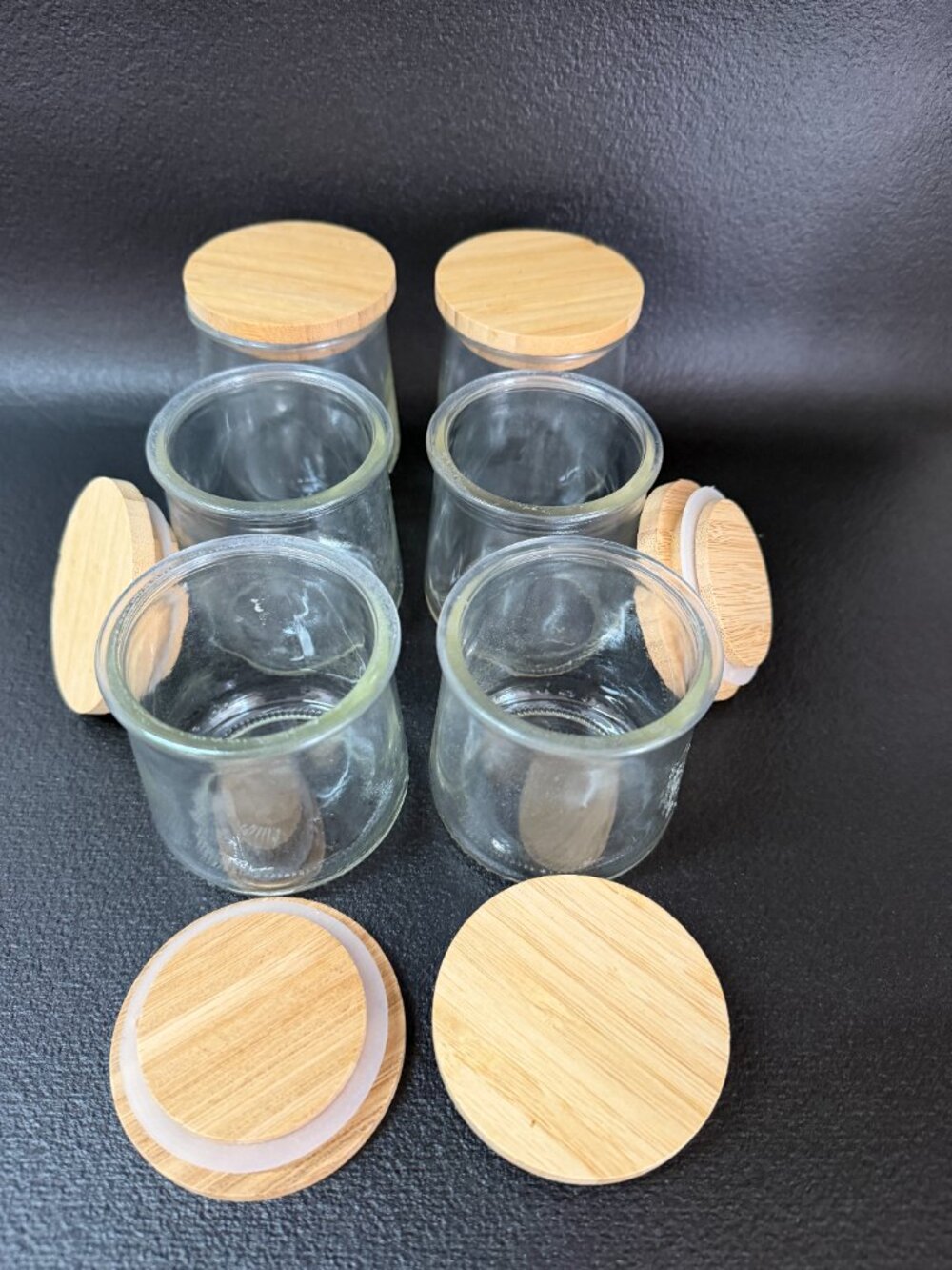 Lot 6 Empty OUI Yogurt 5oz Pots GLASS JARS Crafts Storage Organize WITH LIDS